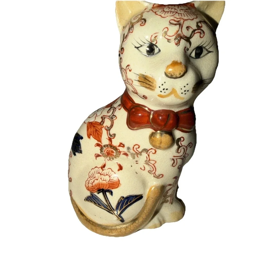 Vintage Cat Figurine Takahashi with Floral Arabesque & Leaves Side Stance 6 1/4